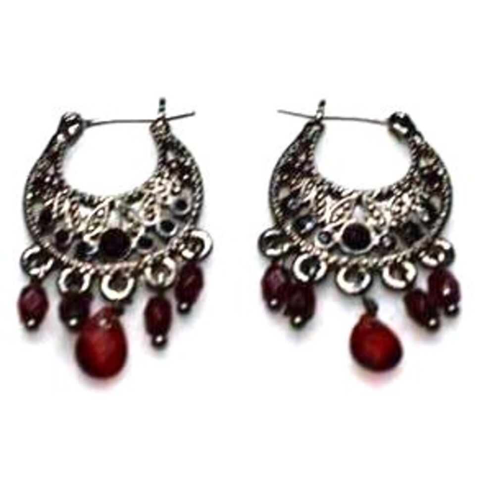 Victorian Vintage Red Crystal Dangles Black Rhinestone Silver Tone Earrings